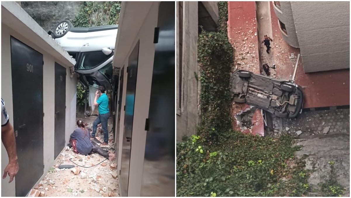 (VIDEO) Auto cae 10 metros desde estacionamiento elevado en Cuajimalpa; hay tres lesionados