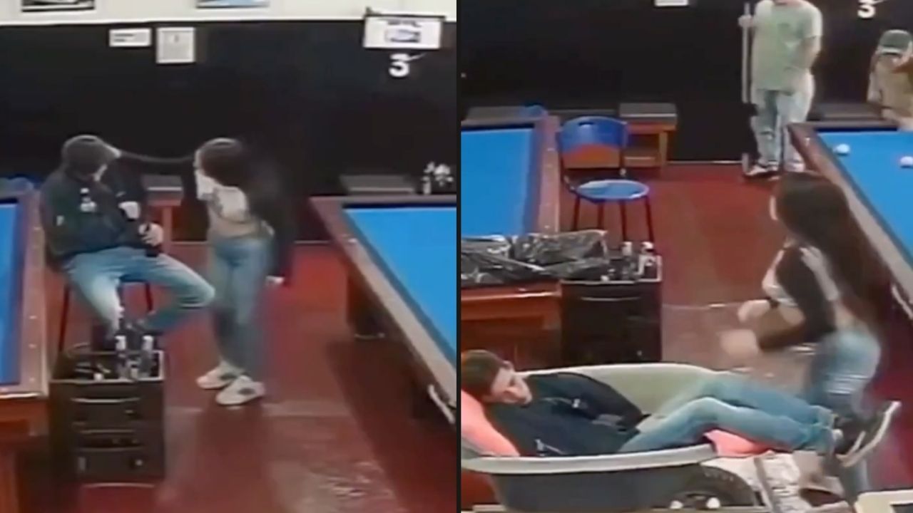Mujer encuentra a su novio borracho en billar, lo carga y se lo lleva en carretilla | VIDEO