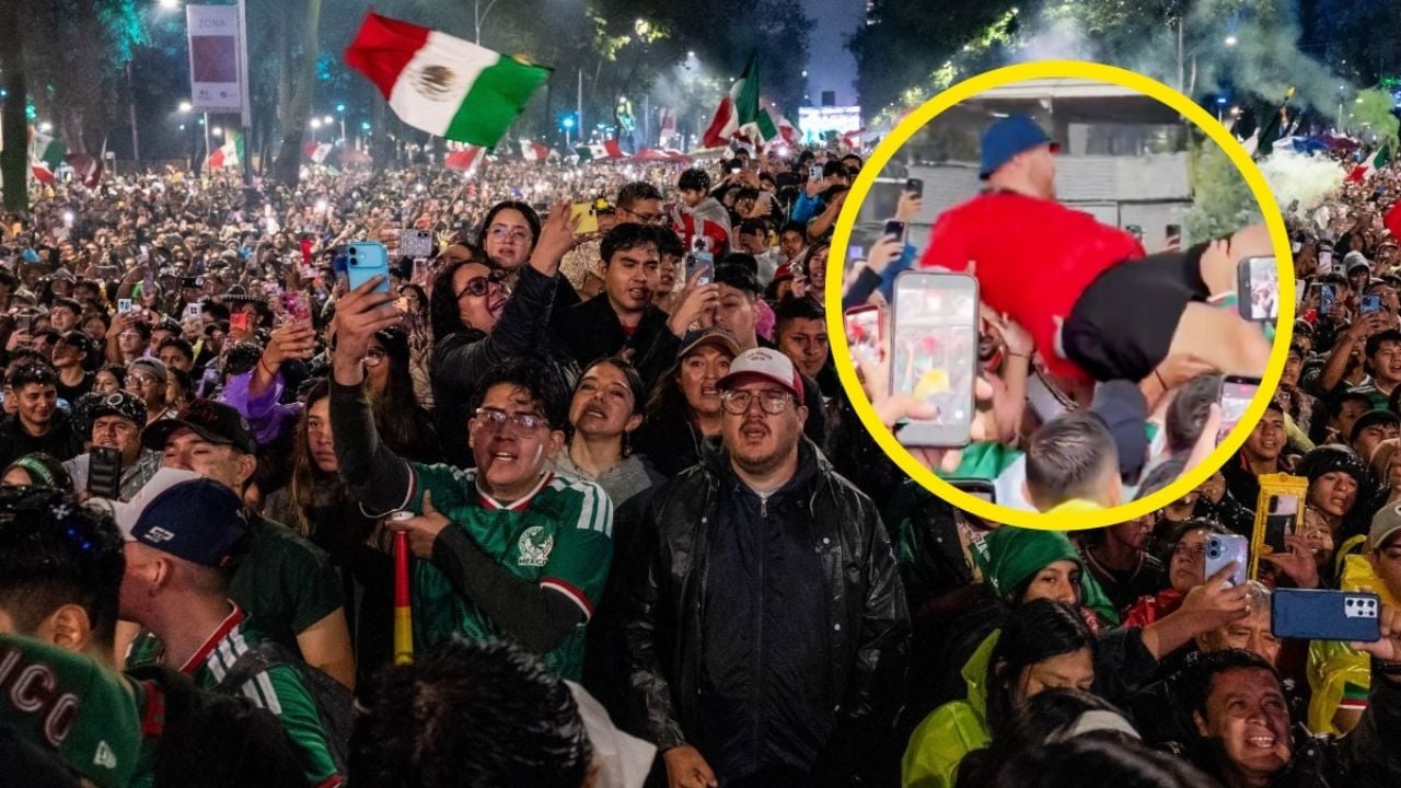 Aficionado inglés festeja con mexicanos y vuela por los aires previo al México vs Inglaterra | VIDEO